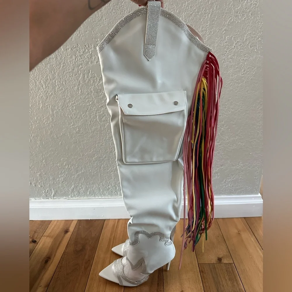 CAPE ROBBIN LISE WESTERN RHINESTONE FRINGED CARGO POCKET BOOTS NIB